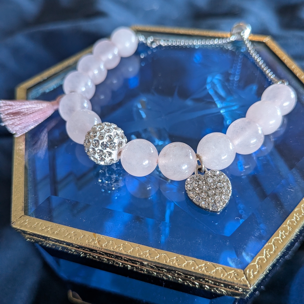 Adjustable Silver Tone Rose Quartz Bracelet With Rhinestones And Heart Charm